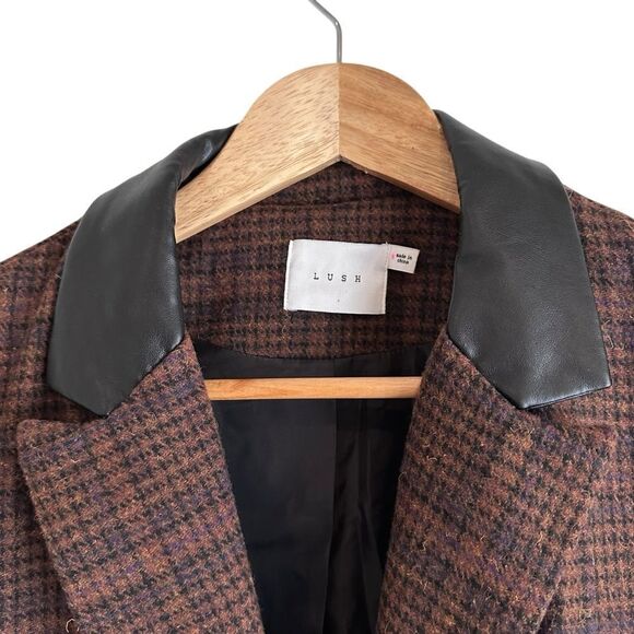 Lush Brown Tweed Wool Blend Faux Leather Collar One Button Preppy Blazer - Picture 3 of 7